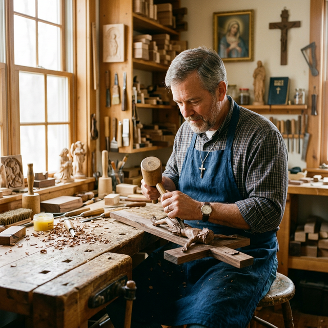 Catholic artisan crafting sacred goods