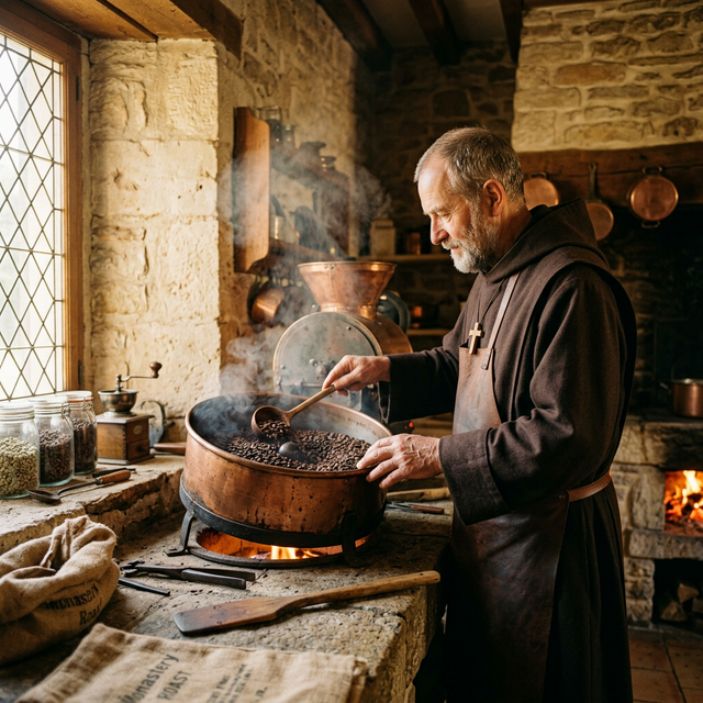 Monk roasting coffee