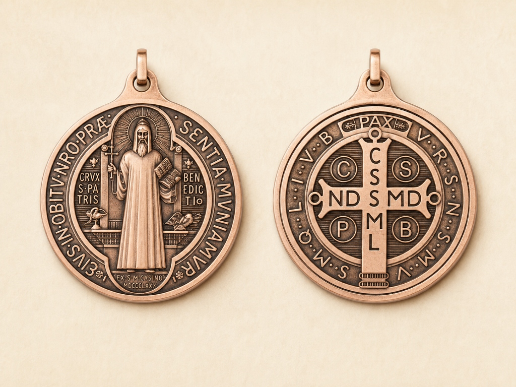 3/4 in. Copper St. Benedict Medal showing Front and Reverse sides