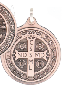 Reverse of the St. Benedict Medal featuring the Cross and Inscriptions
